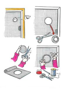 Repairing A Window Screen With Needle And Thread